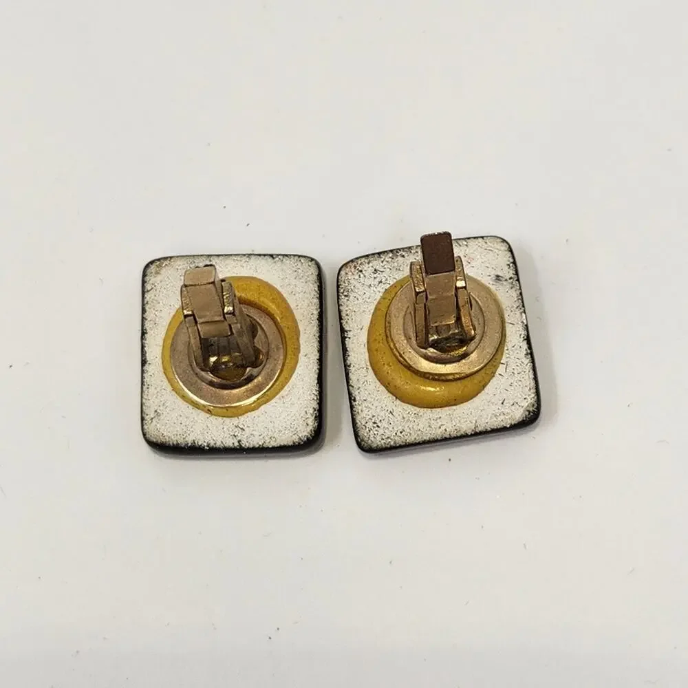 Hand Painted Ceramic Black Gold Tone Cufflinks Vintage 1960s MCM Leaf Motif